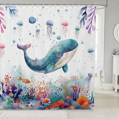 可爱鲸鱼浴帘，卡通海洋动物浴帘，梦幻珊瑚水母海星螃蟹浴室配件，适合男孩女孩，神奇海底世界装饰
