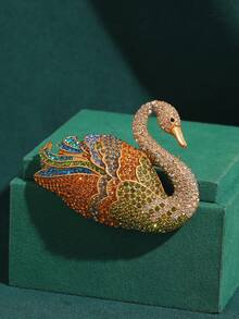 Vintage Distressed Copper Plated 18K Gold Holiday Women's Accessory, Colorful Feather Swan Rhinestone Glass Brooch Pin, Scarf Clip - Bronze - View 4