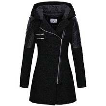 2025 Women's Mid-Length Hooded Wool Coat, Autumn/Winter, Diagonal Zipper, Thick Cotton Coat, Women's Autumn/Winter Coat - Black - View 2