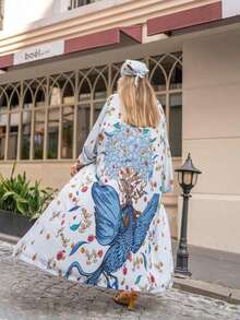 Oversized Retro Midi Kimono Cover Up, Loose Fit Beach Cover Up Swimsuit Shawl, Summer Lightweight Outerwear Spring - Baby Blue - View 3