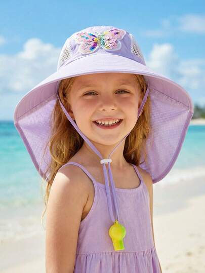 1 pieza Sombrero de sol con protección UV grande para niñas con diseño de mariposa de lentejuelas y cordón ajustable, gorra deportiva con silbato, para primavera/verano