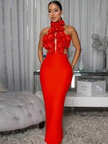 Vestido de alta calidad, nuevo y de gran , vestido de noche sexy con hombros descubiertos y gran flor, regalo perfecto para damas. - Rojo - Ver 2