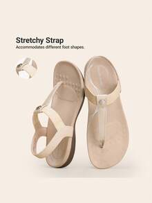Women's Arch Support T-Strap Sandals Comfortable Orthotic Flat Sandals Thong Sandals For Casual Summer Walking - Màu be - Xem 2