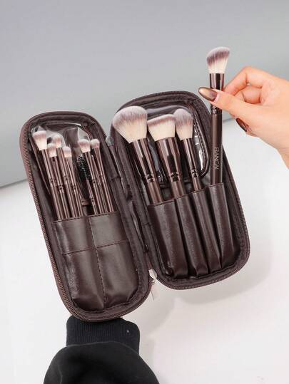 12pcs Brown Makeup Brush Set With PU Zipper Bag, Wooden Handle With Soft Synthetic Bristles, Suitable For Face And Eye Makeup, Professional Makeup Brush Set For Women And Girls