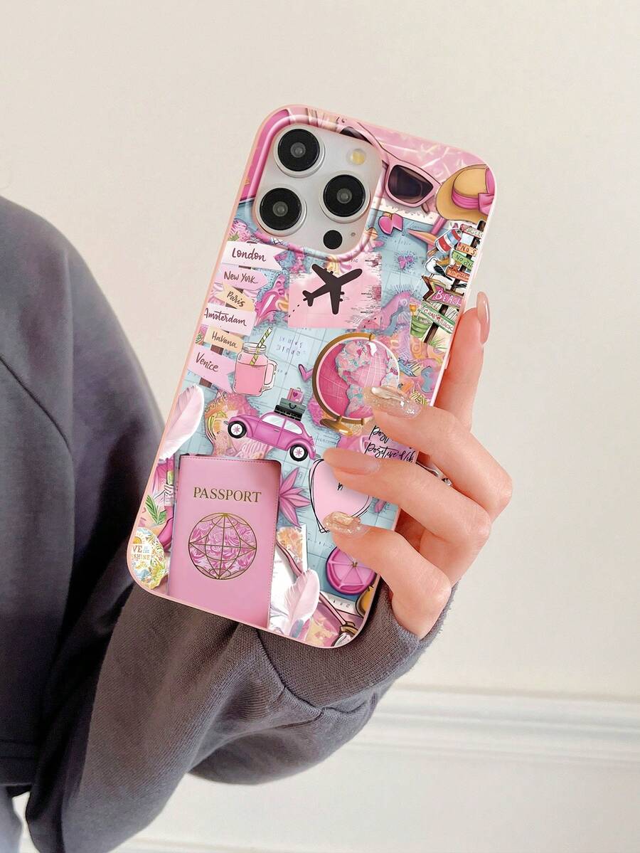 Y2K 旅行拼贴手机壳，护照飞机环球旅行印花粉色手机壳，大孔极简软 TPU 手机壳，适合旅行爱好者/女孩/日常使用/节日礼物。兼容 和 Galaxy 手机壳，兼容 11/13 Pro Max/15/17/17 Pro Max 和 Galaxy S24 Ultra/S26 Ultra，国际版，非国内版。 - 粉色 - 查看 1