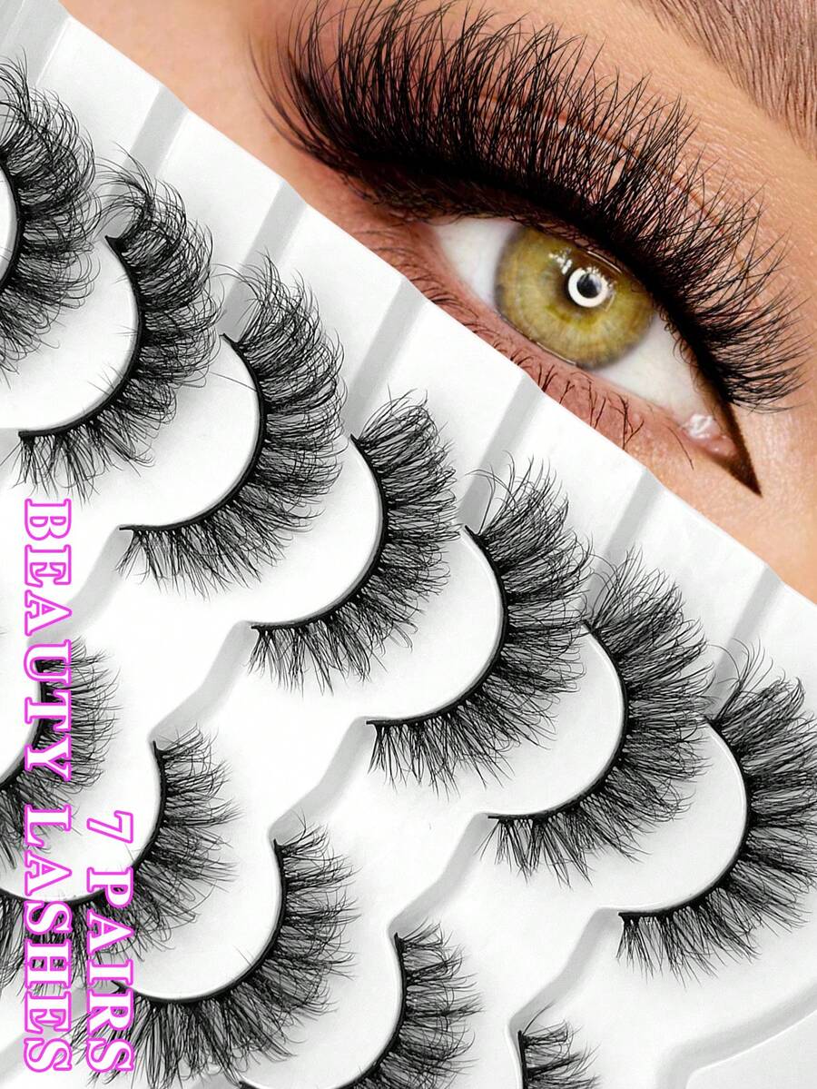 ENCHUW 7 Pairs Eyelashes With Clear Band Strip Lashes Fluffy Natural Look Wispy Light Short False Eyelashes Invisible 3D Fake Lashs Pack - Black - View 1