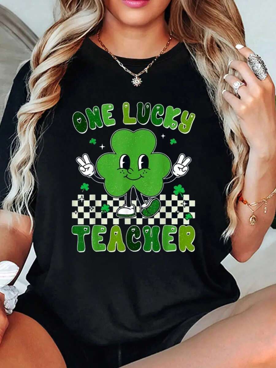 St Patricks Day Outfits For Womem, Groovy One Luck Teacher Shamrock Face St Patrick'Day T-Shirt Print Cotton T-Shirt For Summer 100% Cotton Short Sleeve Shirts Tees 2026 Spring & Summer Outfits For Women, Black Tops - Black - View 1