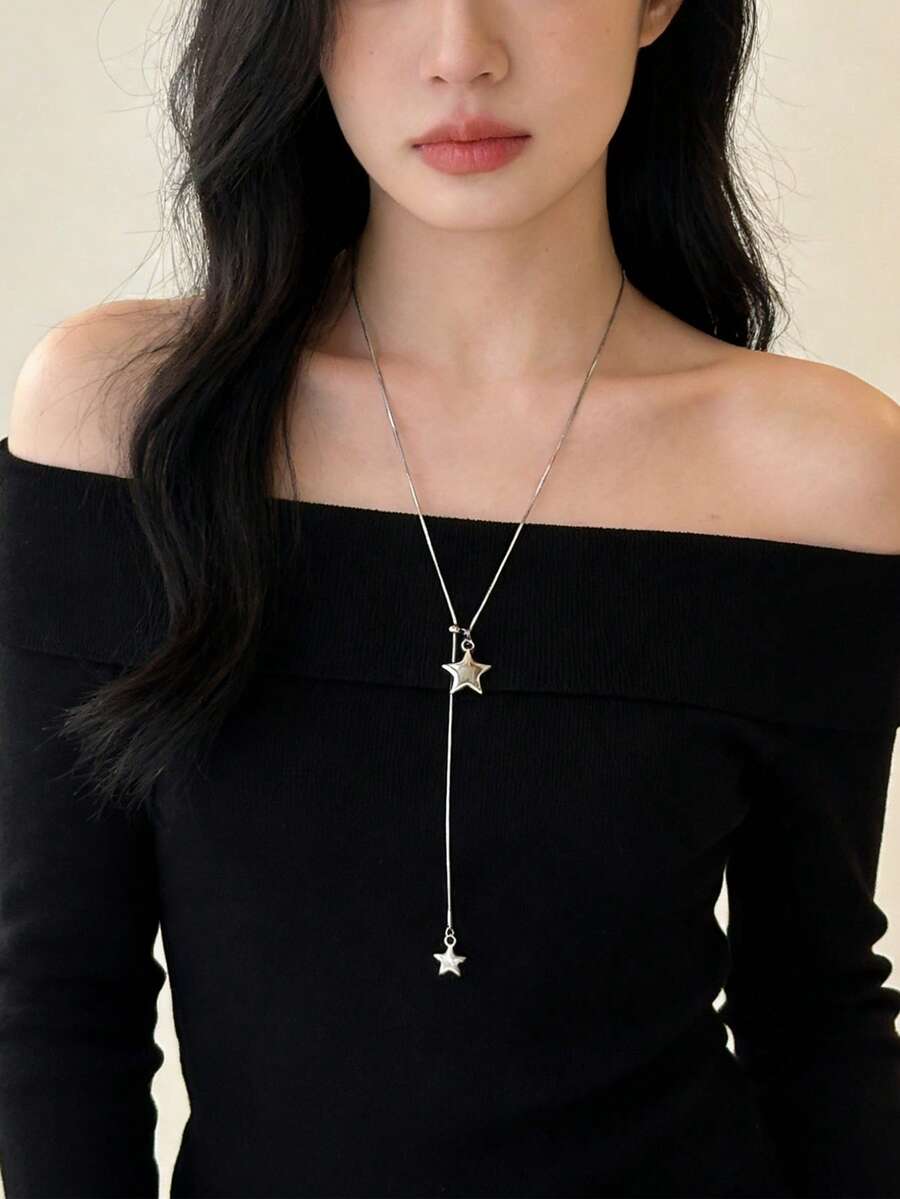 可调节星形流苏长项链，简约优雅女士毛衣链