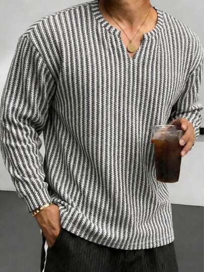 Blueprint Man 男士V领长袖鱼骨针织T恤，新款春夏打底衫，面料柔软舒适，适合叠穿，轻薄休闲，低调复古风，适合日常穿着。