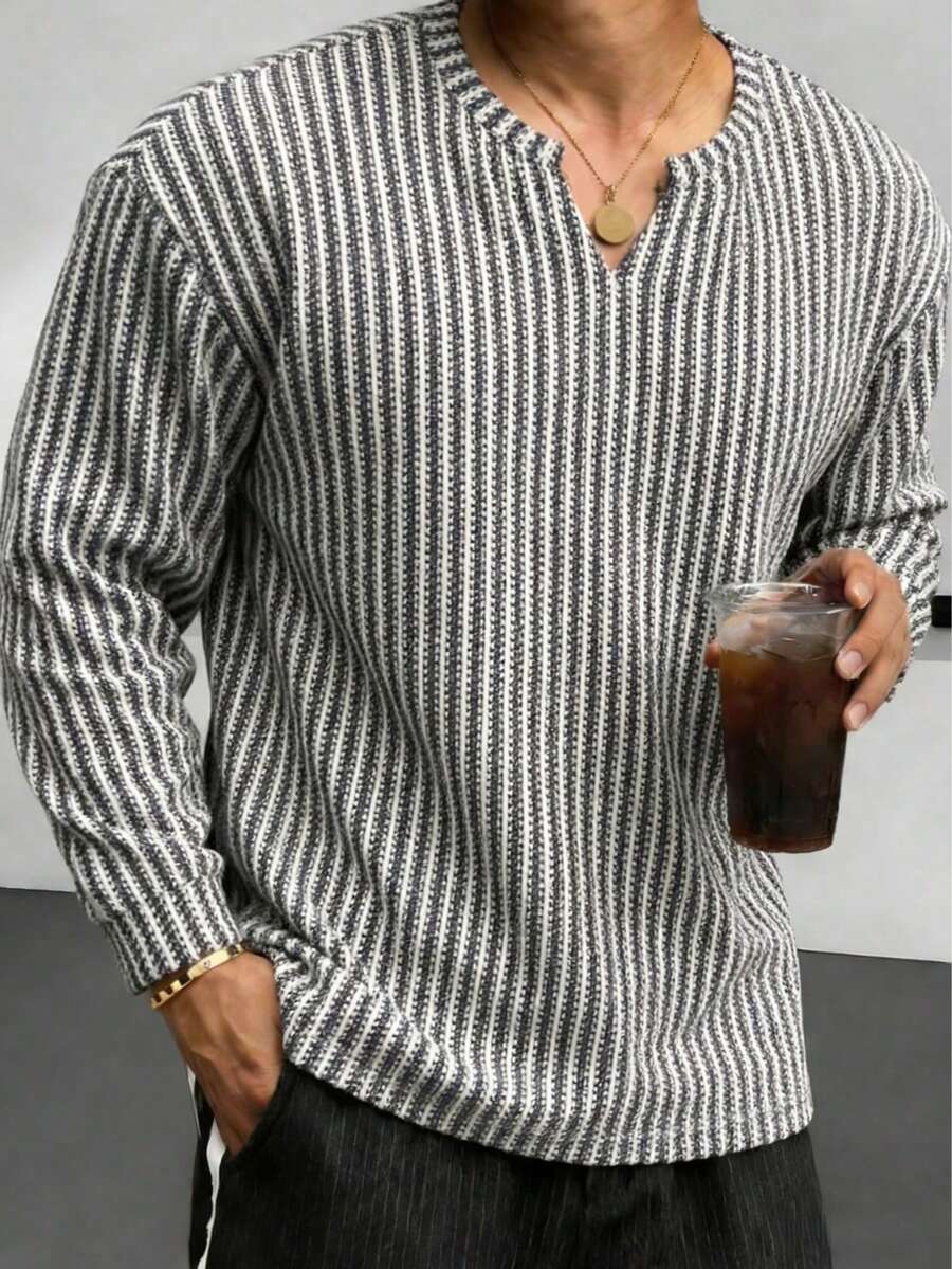 Camiseta de punto de espina de pescado de manga larga con cuello en V Blueprint Man para hombres, nueva camiseta interior para primavera/verano, de tela suave y cómoda, adecuada para usar en capas, ligera, camiseta casual, estilo discreto de dinero viejo, adecuada para uso diario - Blanco - Ver 1