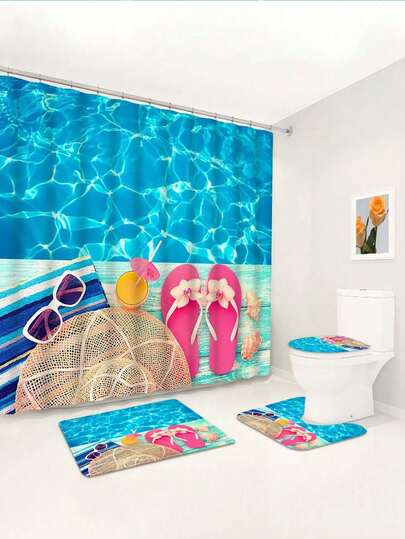1/4-delad blå drömliknande havstryckt vattentät duschdraperi, badrumsdekorationsset med havselement, inkluderar badrumsmatta, toalett U-formad matta, dekorativa krokar, moderna badrumstillbehör, tvättbar polyestertyg, lämplig för hotell, lägenhet, hem