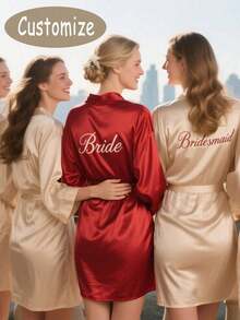 1pc Customized Satin Bridal Robe, Personalized Text, Bridal & Bridesmaid Wedding Robe, Elegant Satin Robe, Customized Bridal Robe, Bridesmaid Prep Robe, Wedding Party Robe, Lace Trim Robe, Personalized Name Robe, Bridal Robe Gift, Bridal Party Gift, Silky Loungewear, Minimalist, Fun, Customized, Unique, Matching Bridesmaid Silky Loungewear Special Bridal Gift, Bestie, Girlfriend, Fashionable Autumn - Multicolor - View 8