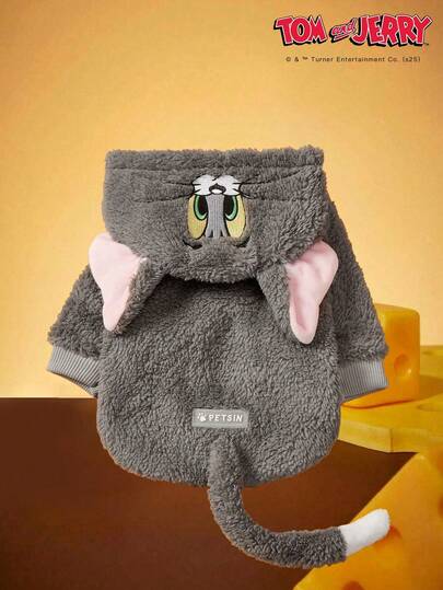 TOM & JERRY X PETSIN 1件汤姆猫刺绣3D耳朵装饰可爱双面毛绒材质保暖舒适连帽狗帽衫汤姆猫cos帽衫