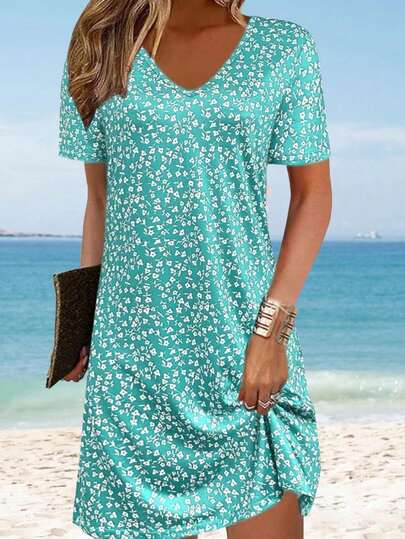 Fashionable Lightweight Elegant Ditsy Floral Dress, Versatile For Casual, Vacation, Work, Home, Travel, Suitable For Sleepwear, Recommended For Plus Size Women