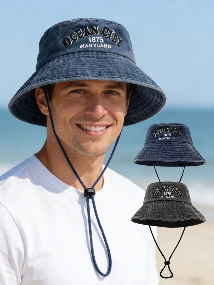 1顶成人水洗做旧渔夫帽，马里兰州海洋城刺绣，可调节防风绳，宽帽檐，防晒，适合海滩旅行和街头服饰。 - 1Pc - 查看 1