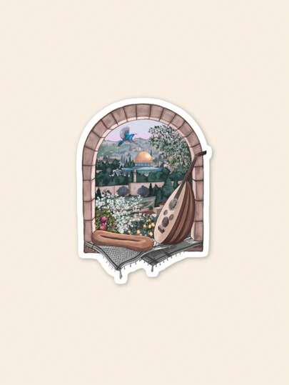 Arabic Heritage Sticker For Eid - Traditional Oud & Mosque Window Scenery Decal, Middle Eastern Aesthetic Decor, Ramadan & Eid Celebration Stationery, Waterproof