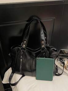 Retro Minimalist Large Capacity Fashion Student/Work Commute Tote Bag - Black - View 4