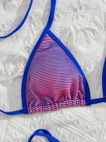 New Women's Swimwear Two-Piece Bikini Set, Solid Color Sexy Knotted Tie Back Beach Vacation Swimwear Summer - Blue - View 6