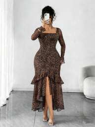 فستان بأكمام واسعة ذو رقبة مربعة بطبعة نمر مقاسات كبيرة، فستان مكشكش بطبقات شبكية مع شق، مناسب للحفلات والمواعيد والعشاء، أنيق للخريف/الشتاء والربيع والعطلات