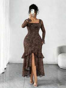 Solstice Apparel Plus Size Leopard Print Flare Sleeve Square Neck Dress, Layered Mesh Ruffle Hem Split Dress, Suitable For Party, Date And Dinner, Autumn/Winter - Coffee Brown - View 1