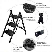 3 Step Ladder Folding Heavy Duty Aluminium Outdoor Indoor Lightweight Step Stool - Negro - Ver 10