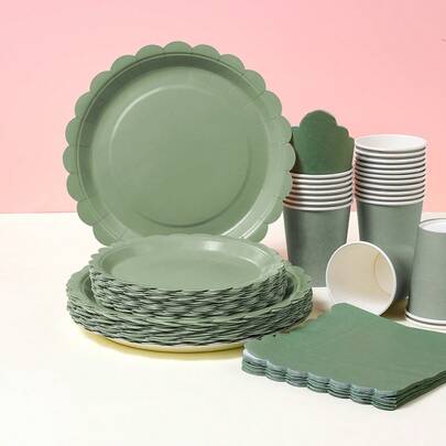 绿色花卉图案一次性餐具套装，7/9英寸派对餐盘，一次性纸盘，餐巾纸，纸杯，适用于节日、婚礼、订婚、生日、派对、庆祝活动