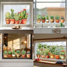 1/3 piezas Pegatina de ventana con diseño de suculentas botánicas, cactus con flores en macetas, resistente al agua, estática, para decoración de oficina y hogar, ventanas, desmontable, antichoque, vinilo decorativo - Pegatina de ventana de cactus - Ver 2