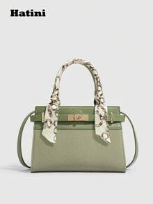 Fashionable Patchwork Kelly Handbag, Twist Lock Strap Small Square Bag, Commuter Shoulder Bag, Versatile Crossbody Bag, Vibrant Color Block Design, Suitable For Commuting, Dating, Shopping, Leisure, Vacation, Music Festival, Party - Green - View 1