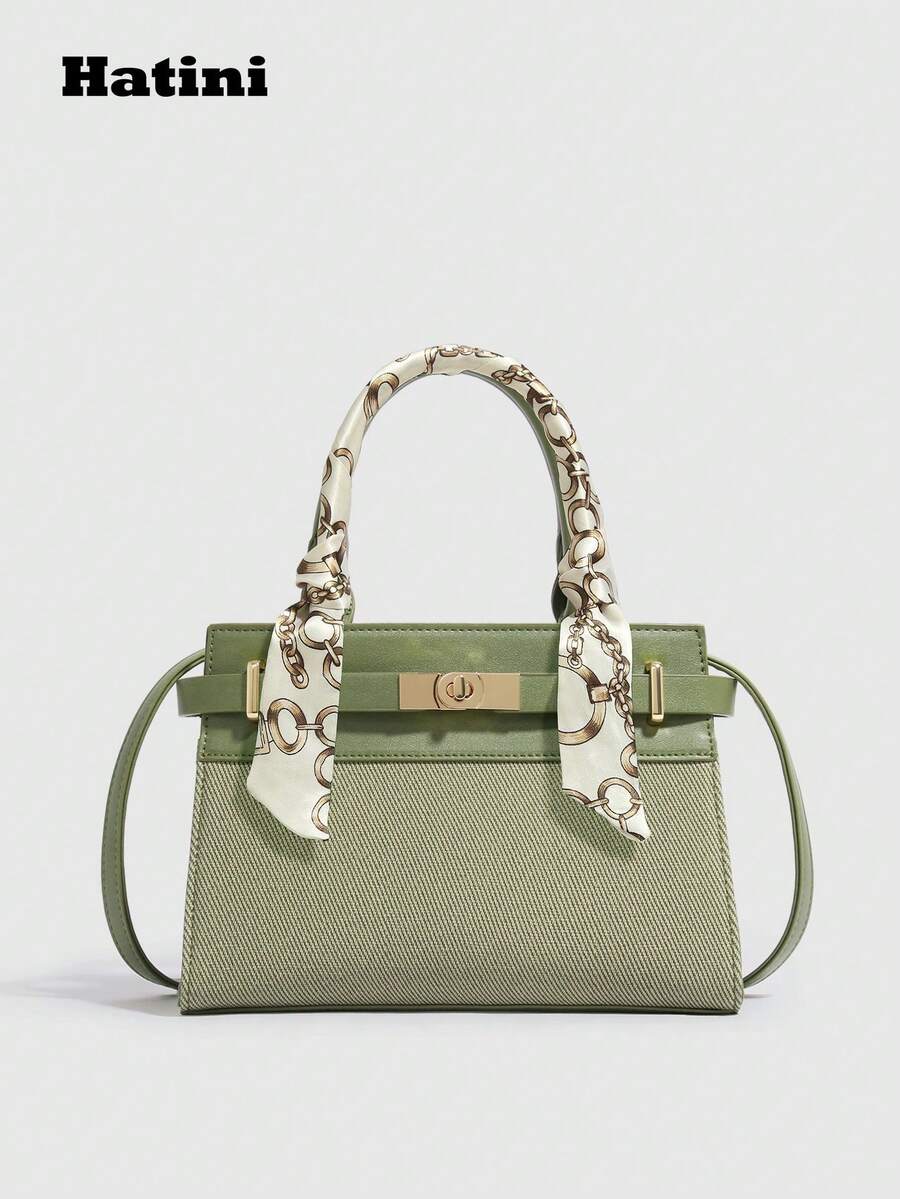 Fashionable Patchwork Kelly Handbag, Twist Lock Strap Small Square Bag, Commuter Shoulder Bag, Versatile Crossbody Bag, Vibrant Color Block Design, Suitable For Commuting, Dating, Shopping, Leisure, Vacation, Music Festival, Party - Green - View 1