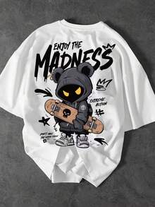 青少年男孩卡通印花圆领T恤 春夏Y2K风格男童休闲T恤 柔软上衣 - 白色 - 查看 1