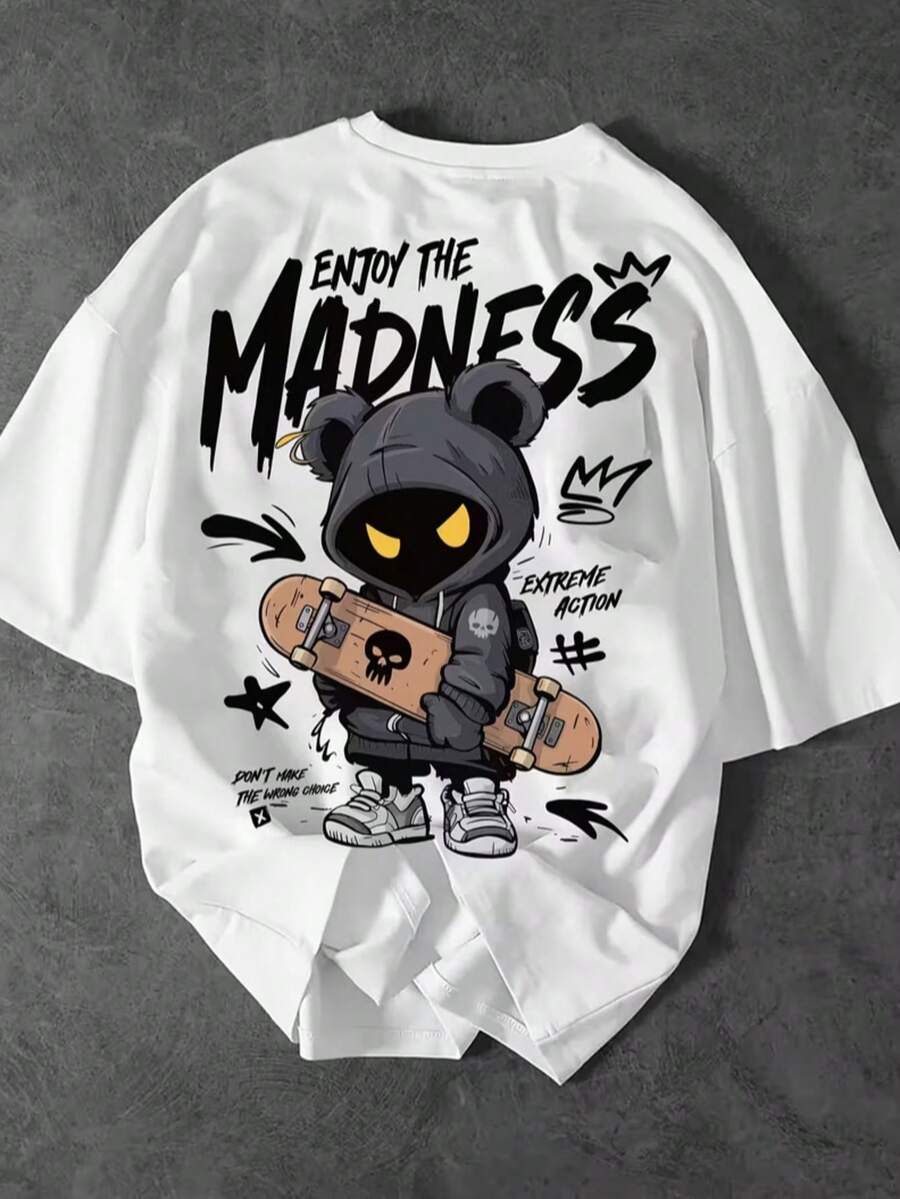 青少年男孩卡通印花圆领T恤 春夏Y2K风格男童休闲T恤 柔软上衣 - 白色 - 查看 1