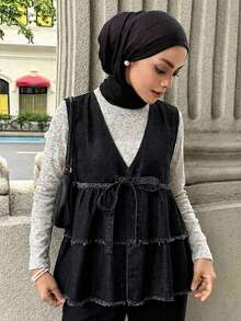 Livesso 女士休闲水洗牛仔无袖外套 - 藍色 - 查看 4