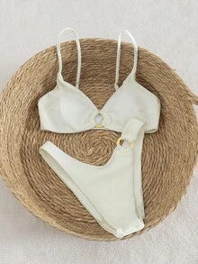 女士纯色金属环可拆卸肩带比基尼套装，夏季海滩度假装 - 米色 - 查看 2