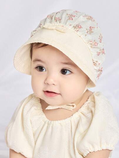 TUTUYA 婴儿公主帽，柔软舒适四季皆宜材质，粉色/蓝色/卡其色大帽檐防晒帽，可爱蝴蝶结印花装饰时尚婴儿帽