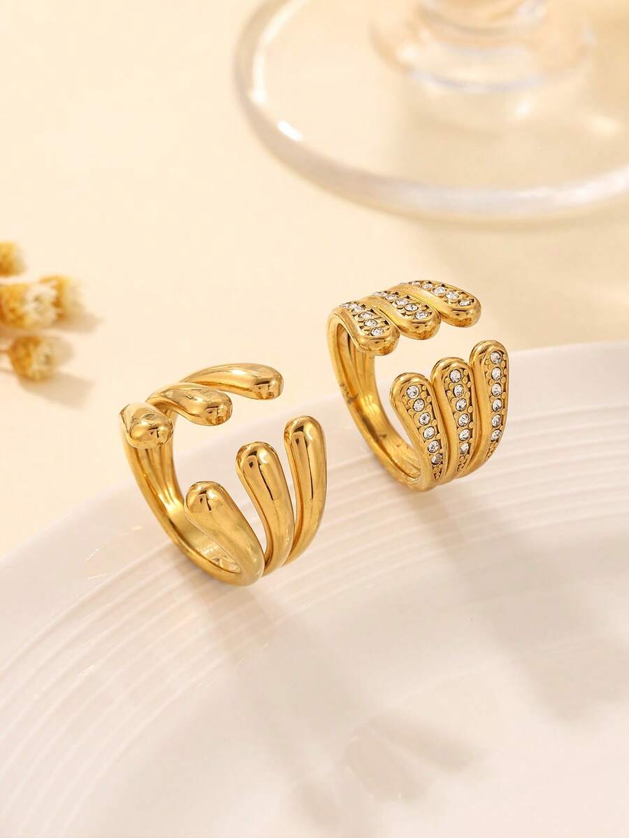Bộ 2 chiếc nhẫn hở bằng thép không gỉ sang trọng, mạ vàng, thích hợp cho nữ giới đeo hàng ngày hoặc làm quà tặng. - Vàng - Xem 1