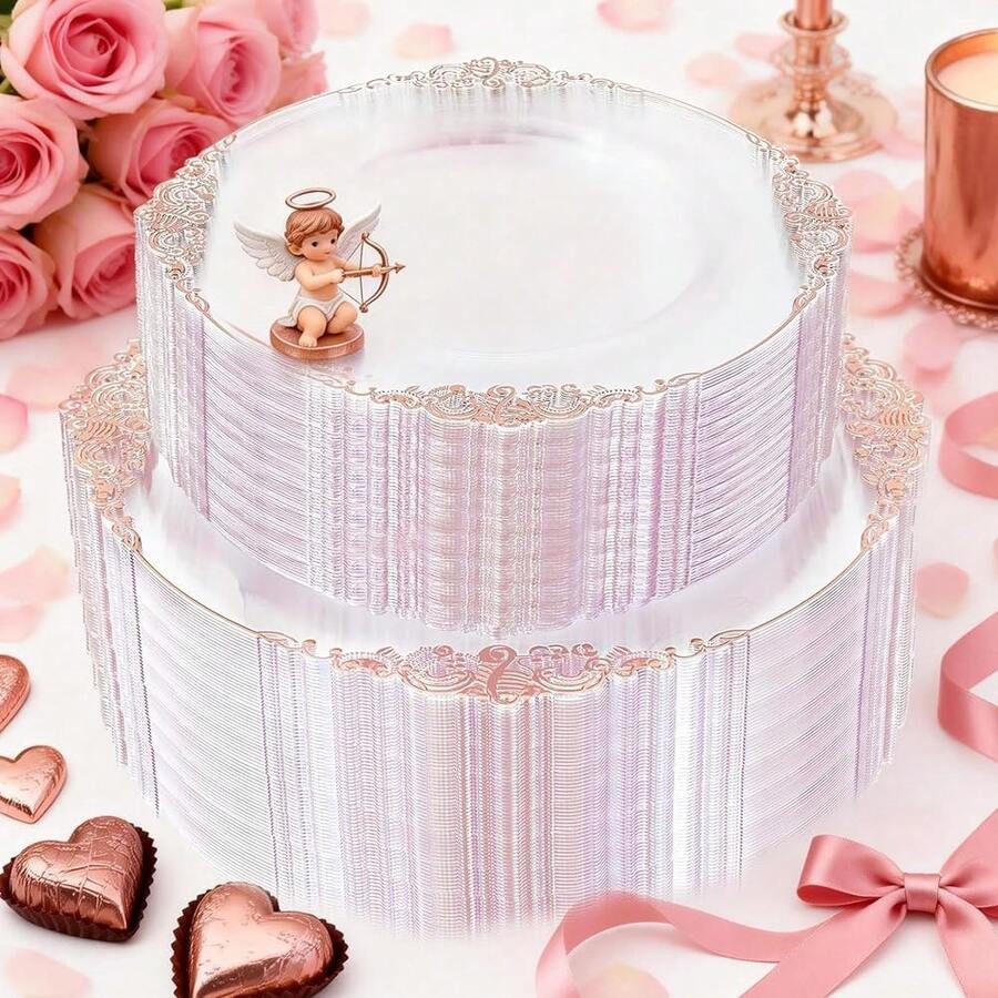102PCS Rose Gold Plastic Plates - Clear Rose Gold Plate - Heavy Duty Disposable Plates - Fancy Disposable Dinner & Dessert Plate For 51 Guests For Party & Wedding & Valentines - 清玫瑰 - 查看 1