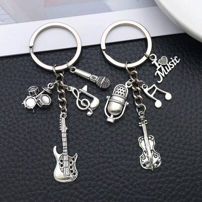 1件复古吉他音符麦克风造型挂件钥匙扣包包挂饰，是送给音乐爱好者的完美礼物