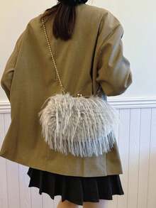 Fashionable Khaki Flap Chain Plush Handbag, Versatile Women's Shoulder Bag For Daily Commute And Phone Pouch - Grey - View 4