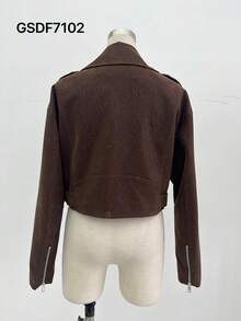 Risissida Single Solid Color PU Leather Biker Jacket With Pocket Design, Belt, Spring And Autumn Coat, Suitable For Country Concerts, Airport Wear - Brown - View 2