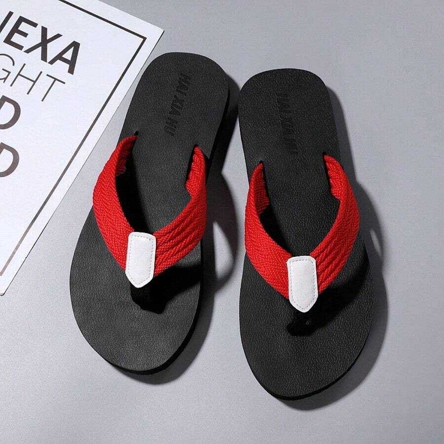 男士夏季时尚轻便红色人字拖，简约时尚休闲沙滩拖鞋，防滑创意个性凉鞋，户外花园鞋 - 紅色 - 查看 1