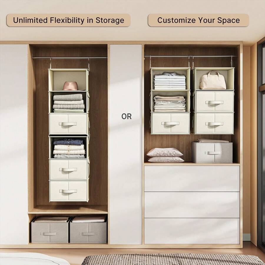 6-Shelf Hanging Closet Organizer With 3 Drawers, 2 Separable 3-Shelf Closet Organizers And Storage For Wardrobe Organization, Hanging Dresser For Nursury & Dorm Clothes Organizer, Beige - Beige - View 1
