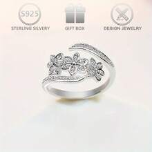 1pc 925 Silver Shiny Cubic Zirconia Unique Floral Design Open Ring, Elegant Bridal Party Cocktail Ring Suitable For Daily Wear, Wedding, Anniversary, Valentine's Day Gift - Silver - View 7