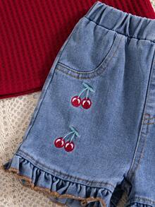 女婴华夫格纯色樱桃图案无袖圆领上衣 + 休闲刺绣牛仔裤 - 酒紅色 - 查看 7