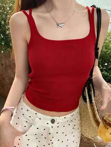 女士夏季红色吊带背心，新款上市，内置衬垫胸罩，优雅叠穿吊带衫，休闲外套 - 紅色 - 查看 3