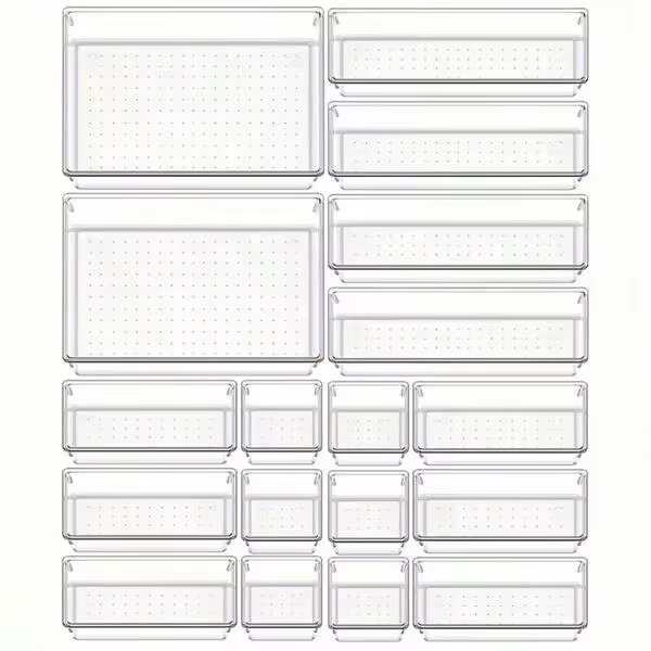 11-Piece Clear Acrylic In-Drawer Organizer Set – 4 Customizable Sizes For Makeup, Skincare & Vanity Drawers – Stackable Modular Storage Bins For Lipsticks, Perfume, Brushes & More