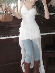 夏季V领荷叶边下摆甜美柔软不规则优雅Y2K性感女士生日派对夜店迷你紧身露背连衣裙，女士假日晚宴蕾丝吊带裙，时尚仙女裙设计 - 白色 - 查看 11