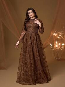 高端长袖蕾丝泡泡袖系带修身连衣裙，适合舞会、婚礼、派对、婚礼宾客礼服、晚礼服等场合。 - 咖啡棕 - 查看 4