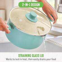 6QT Nonstick Stockpot With Straining Lid, Soft Grip, Ceramic, Pour Spout, Multipurpose CooFKing Pot, Sauces & Soups, Milk Pan, Stay-Cool Handles, Dishwasher & Oven, Turquoise - Turquoise - 查看 8