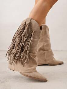 Heeled Cowboy Boots With Turn-Up Heel And Fringe - Beige - View 2