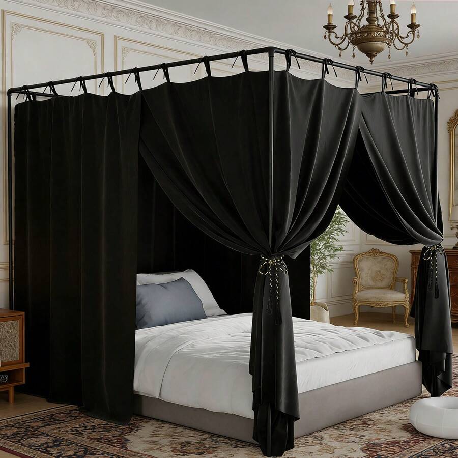 Black Canopy Bed Curtains - 4 Corner Post Bed Curtains Lightproof Queen Bed Canopy Bed Curtains For Adults Girls Bedroom Decoration - màu đen - Xem 1